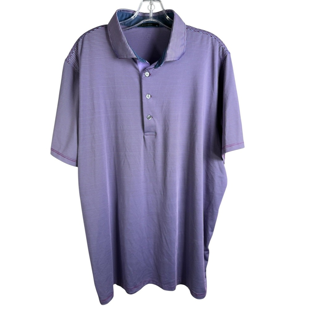 Greyson Polo Shirt Mens XL Purple Stripe Performance Golf Stretch Wolf Logo